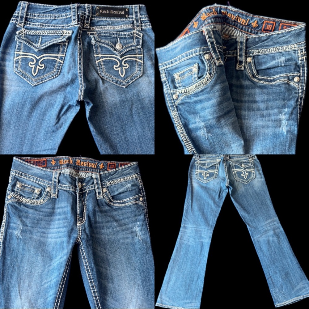 Rock Revival Blue Boot Cut Jeans with Distinctive Stitching